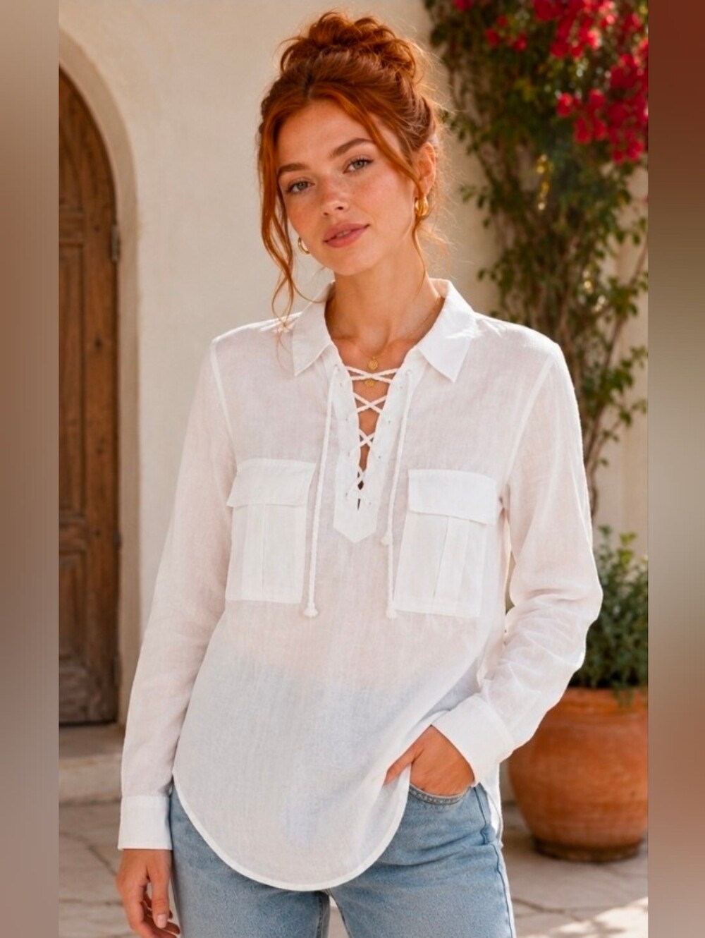 NWT Bobi White Lightweight Lace Up Tunic Blouse Summer Cover Up $129 Retail